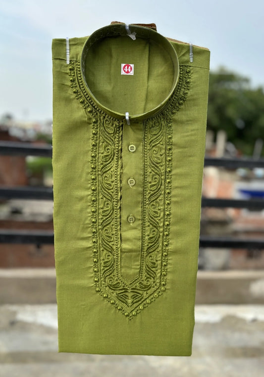 Cotton Embroidered Kurta for Men (Green)