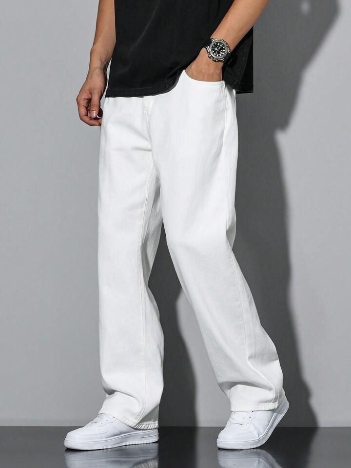 Men's Loose Fit Mid Rise  White Jeans